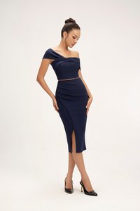 Edna Asymmetrical Ruched Pencil Skirt in Navy Blue