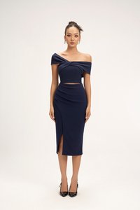 Edna Asymmetrical Ruched Pencil Skirt in Navy Blue