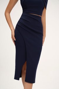 Edna Asymmetrical Ruched Pencil Skirt in Navy Blue