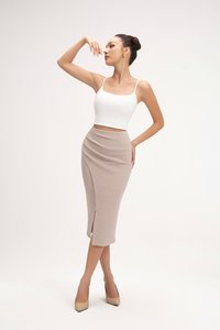 Edna Asymmetrical Ruched Pencil Skirt in Stone