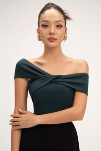 Elaine Padded Asymmetrical Twist Top in Emerald Green