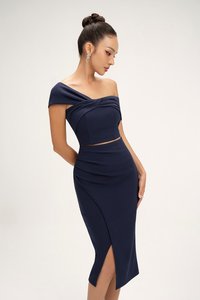 Elaine Padded Asymmetrical Twist Top in Navy Blue