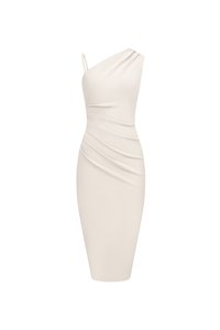 Gaia Padded Asymmetrical Ruched Midi Dress in Ivory