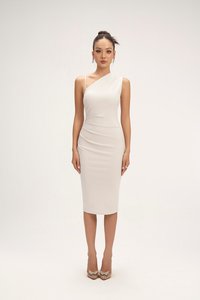 Gaia Padded Asymmetrical Ruched Midi Dress in Ivory