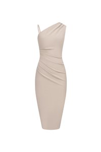 Gaia Padded Asymmetrical Ruched Midi Dress in Stone