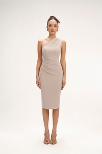 Gaia Padded Asymmetrical Ruched Midi Dress in Stone