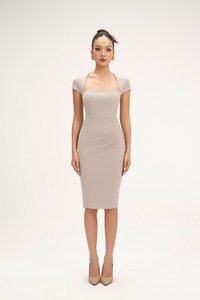 Nessa Padded Cap Sleeves Ruched Dress in Stone