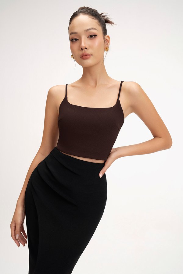 Clea Spaghetti Padded Crop Top in Chocolate