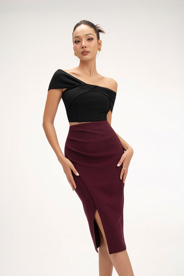 Edna Asymmetrical Ruched Pencil Skirt in Burgundy
