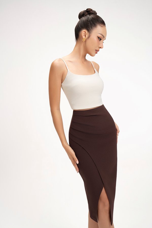 Edna Asymmetrical Ruched Pencil Skirt in Chocolate