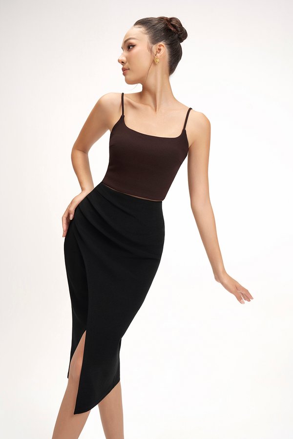 Edna Asymmetrical Ruched Pencil Skirt in Classic Black