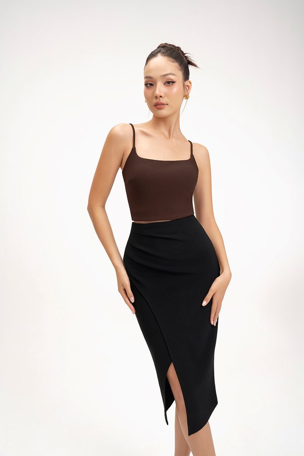 Edna Asymmetrical Ruched Pencil Skirt in Classic Black