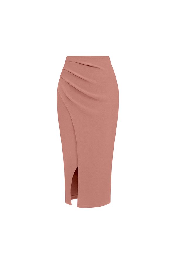 Edna Asymmetrical Ruched Pencil Skirt in Dusty Rose