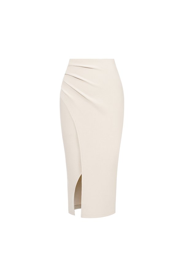 Edna Asymmetrical Ruched Pencil Skirt in Ivory