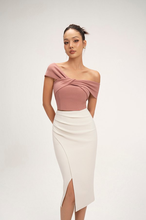 Edna Asymmetrical Ruched Pencil Skirt in Ivory