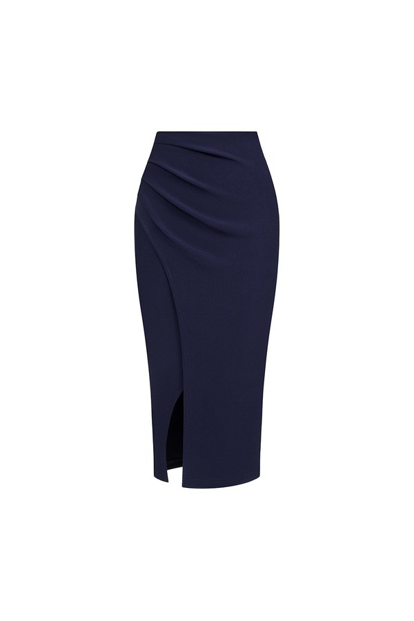 Edna Asymmetrical Ruched Pencil Skirt in Navy Blue