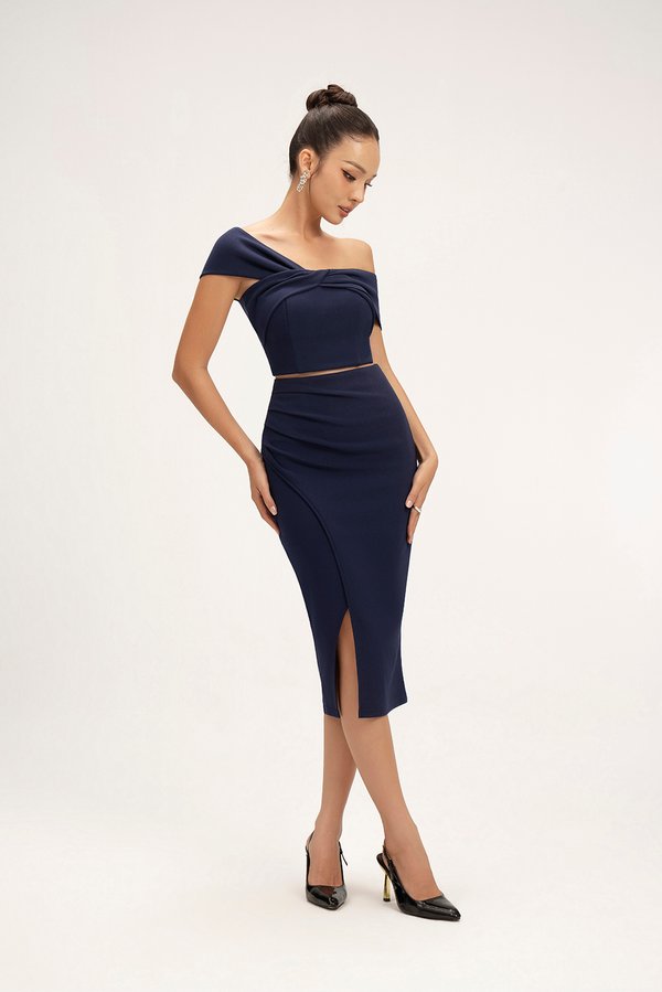 Edna Asymmetrical Ruched Pencil Skirt in Navy Blue