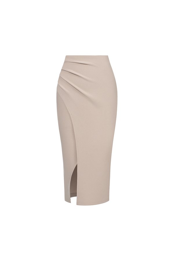 Edna Asymmetrical Ruched Pencil Skirt in Stone