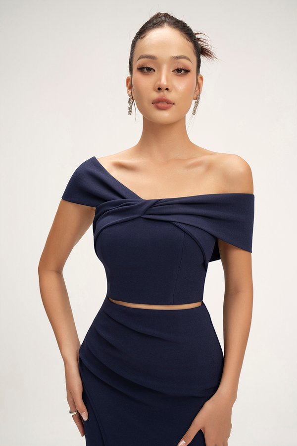 Elaine Padded Asymmetrical Twist Top in Navy Blue