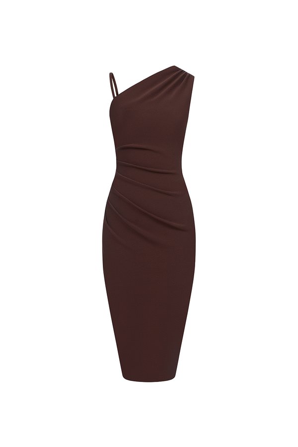 Gaia Padded Asymmetrical Ruched Midi Dress in Chocolate