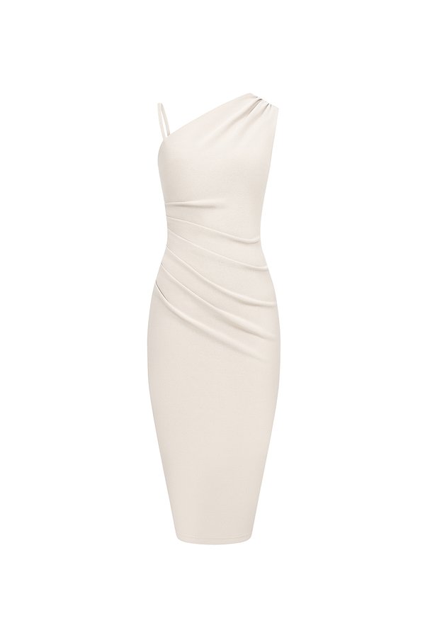 Gaia Padded Asymmetrical Ruched Midi Dress in Ivory