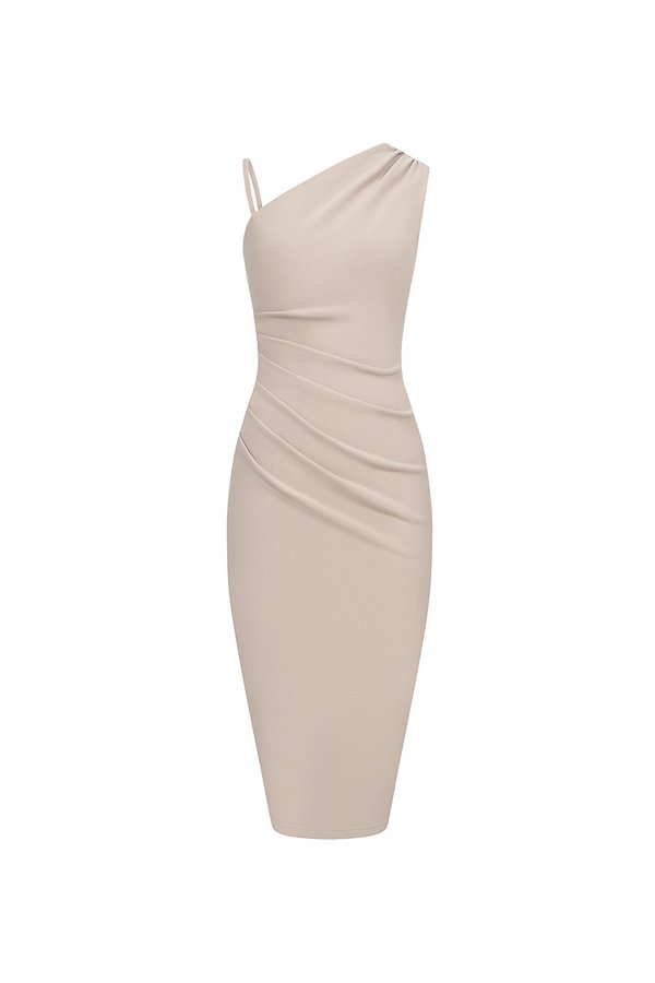 Gaia Padded Asymmetrical Ruched Midi Dress in Stone