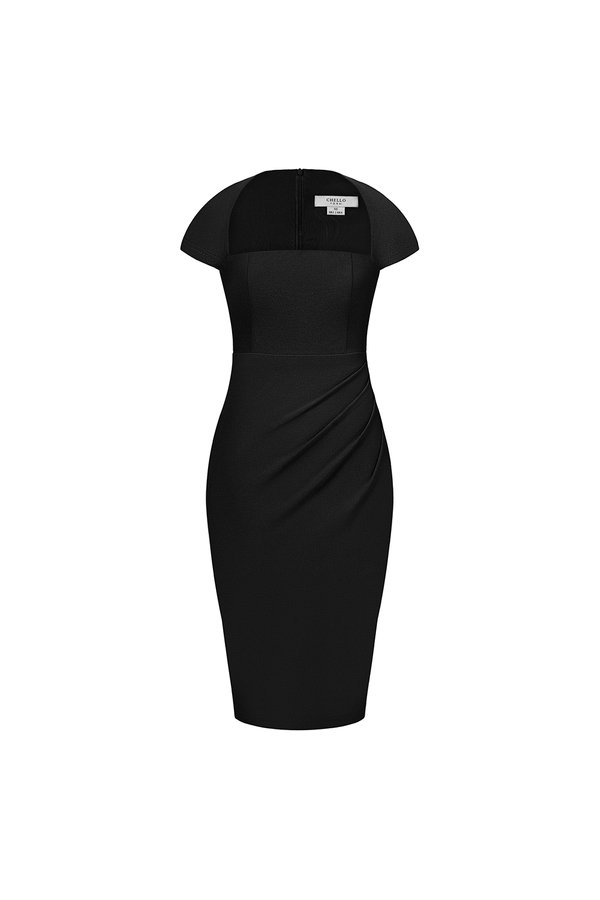 Nessa Padded Cap Sleeves Ruched Dress in Classic Black
