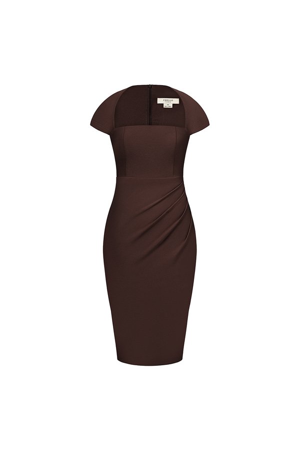 Nessa Padded Cap Sleeves Ruched Dress in Chocolate