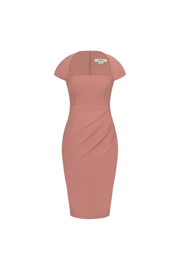 Nessa Padded Cap Sleeves Ruched Dress in Dusty Rose