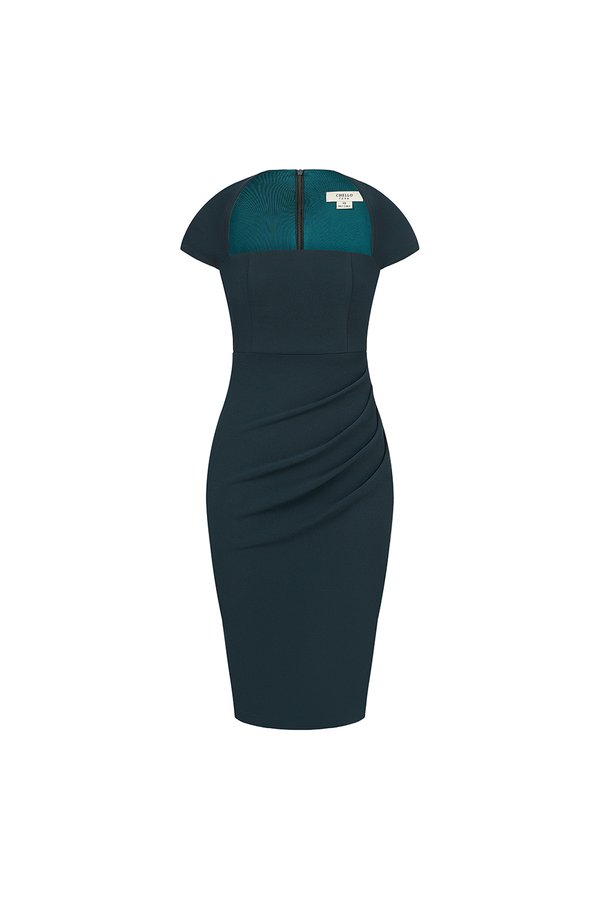 Nessa Padded Cap Sleeves Ruched Dress in Emerald Green