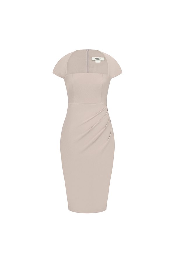 Nessa Padded Cap Sleeves Ruched Dress in Stone