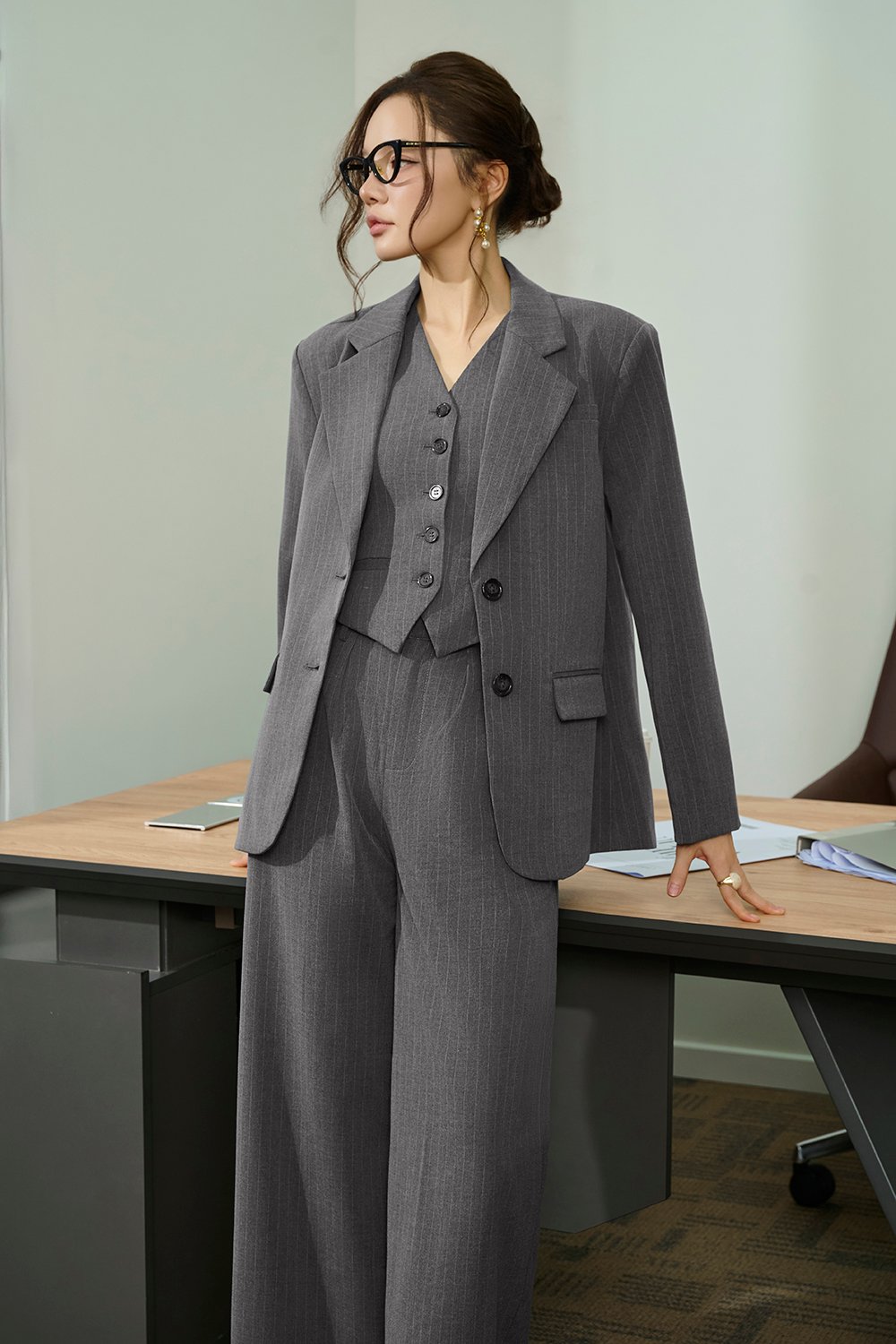 Andrea Oversized Pinstripe Straight Cut Blazer in Grey Pinstripe