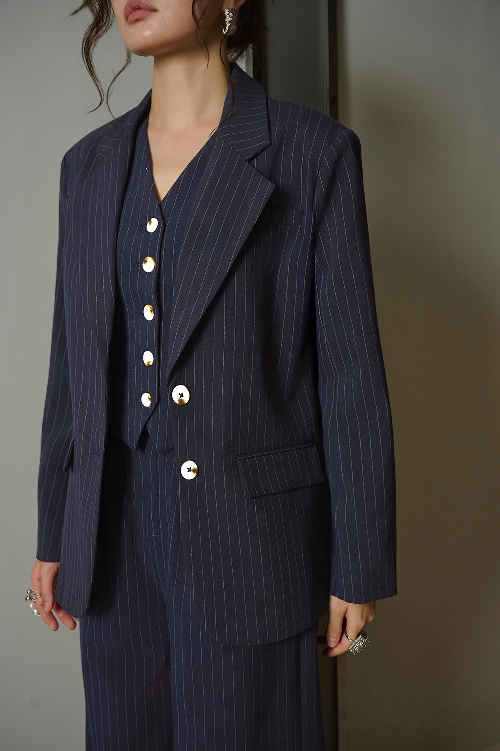 Andrea Oversized Pinstripe Straight Cut Blazer in Navy Pinstripe