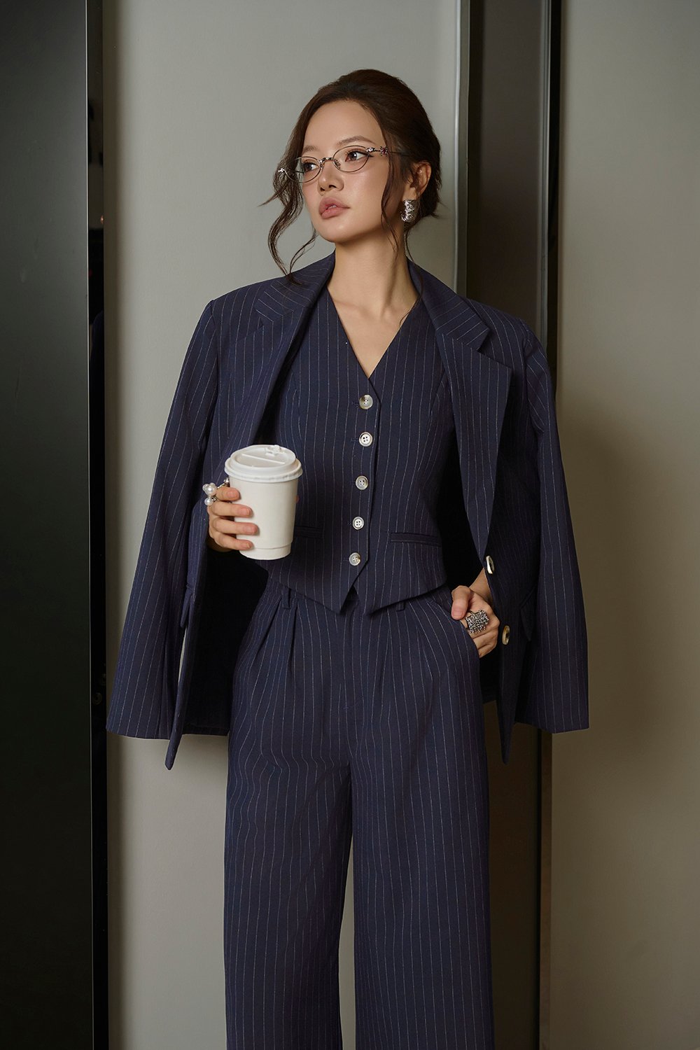 Andrea Oversized Pinstripe Straight Cut Blazer in Navy Pinstripe