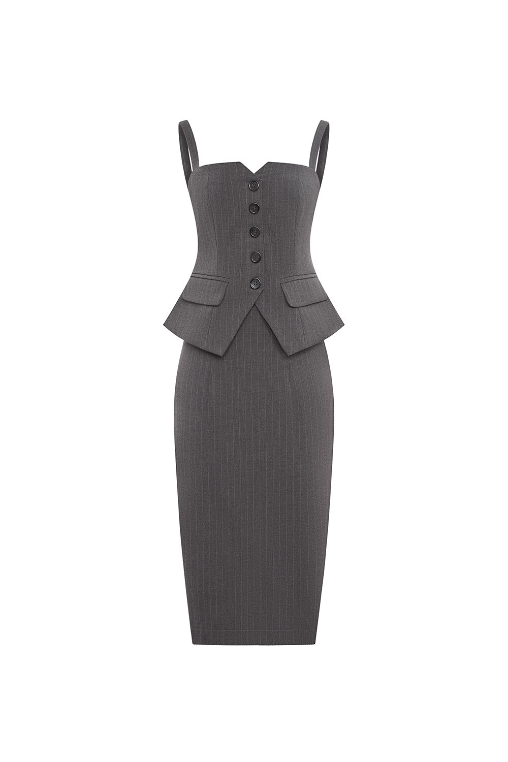 Clarinda Strappy Peplum Pencil Dress in Grey Pinstripe