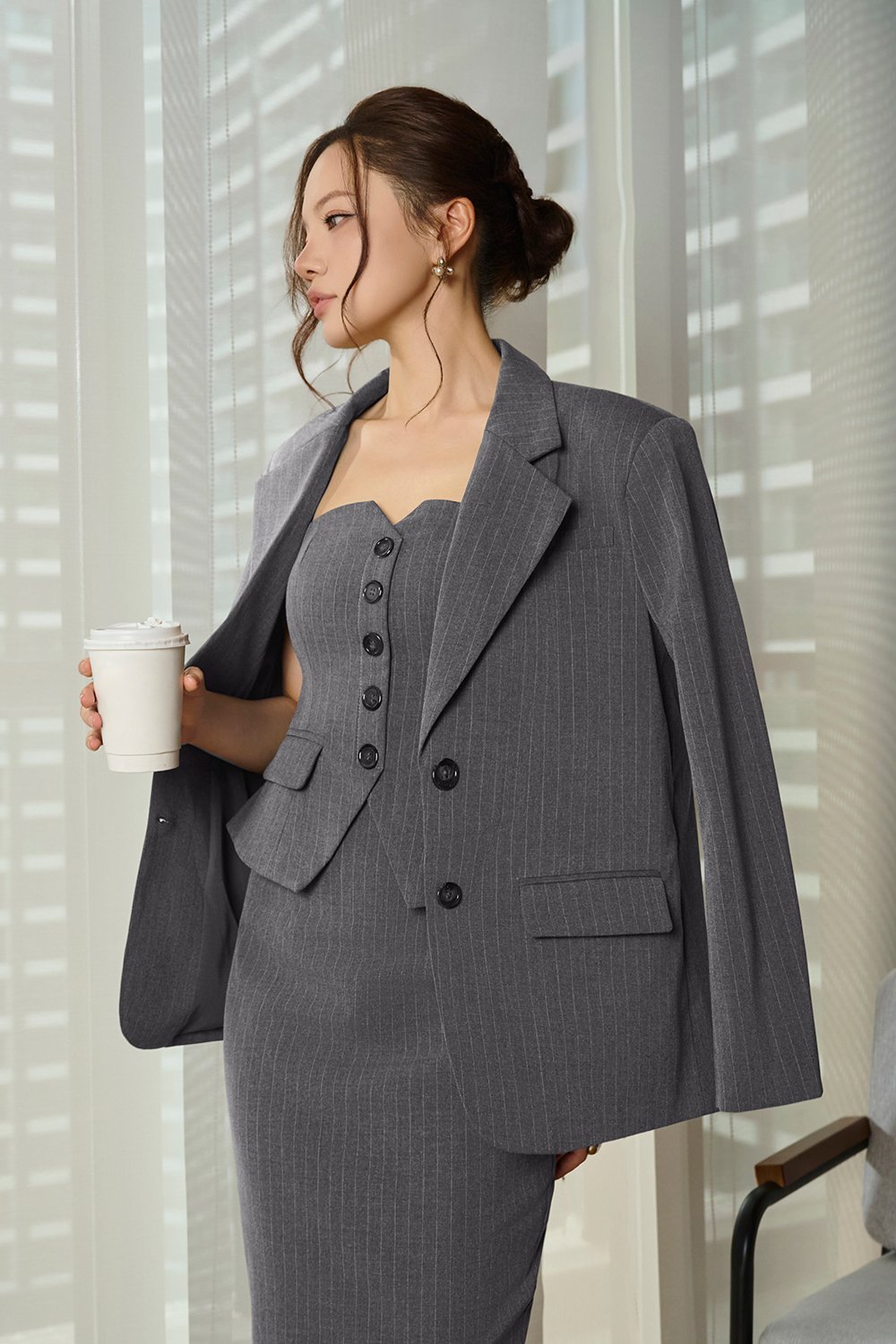 Clarinda Strappy Peplum Pencil Dress in Grey Pinstripe