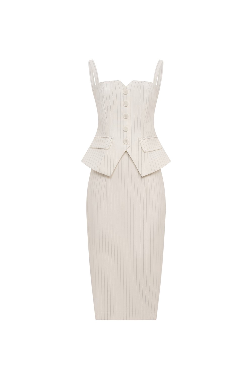Clarinda Strappy Peplum Pencil Dress in Iconic White Pinstripe