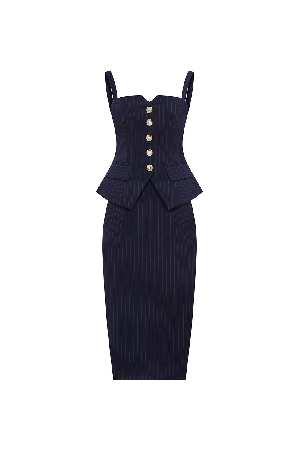 Clarinda Strappy Peplum Pencil Dress in Navy Pinstripe
