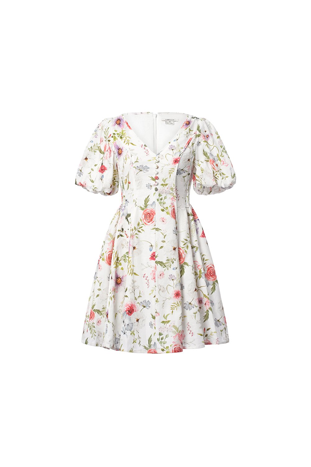 Eldora V-Neckline Puff Sleeves Flare Mini Dress in Rosewater Meadow