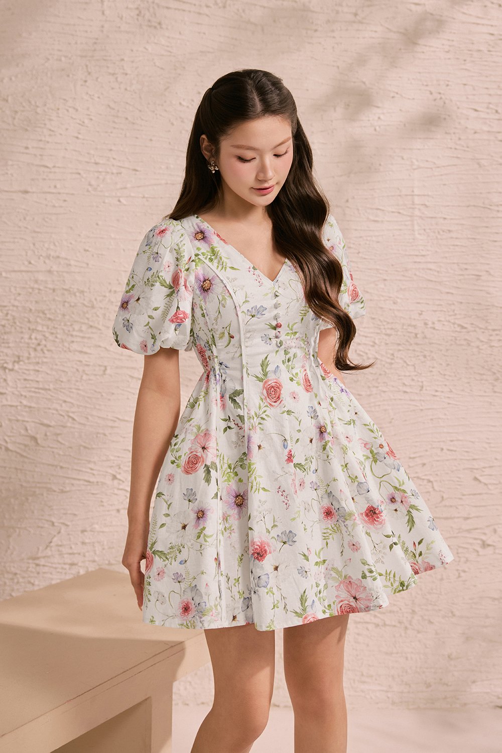 Eldora V-Neckline Puff Sleeves Flare Mini Dress in Rosewater Meadow
