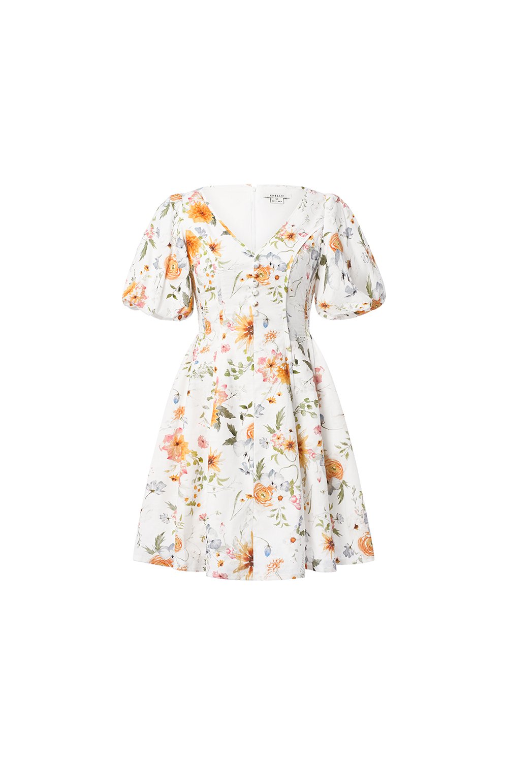 Eldora V-Neckline Puff Sleeves Flare Mini Dress in Sunrise Meadow
