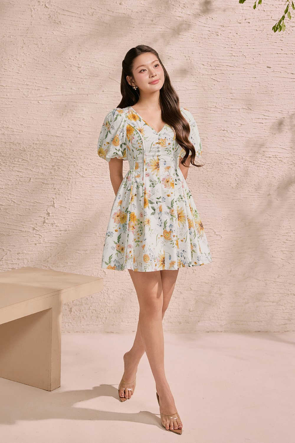 Eldora V-Neckline Puff Sleeves Flare Mini Dress in Sunrise Meadow