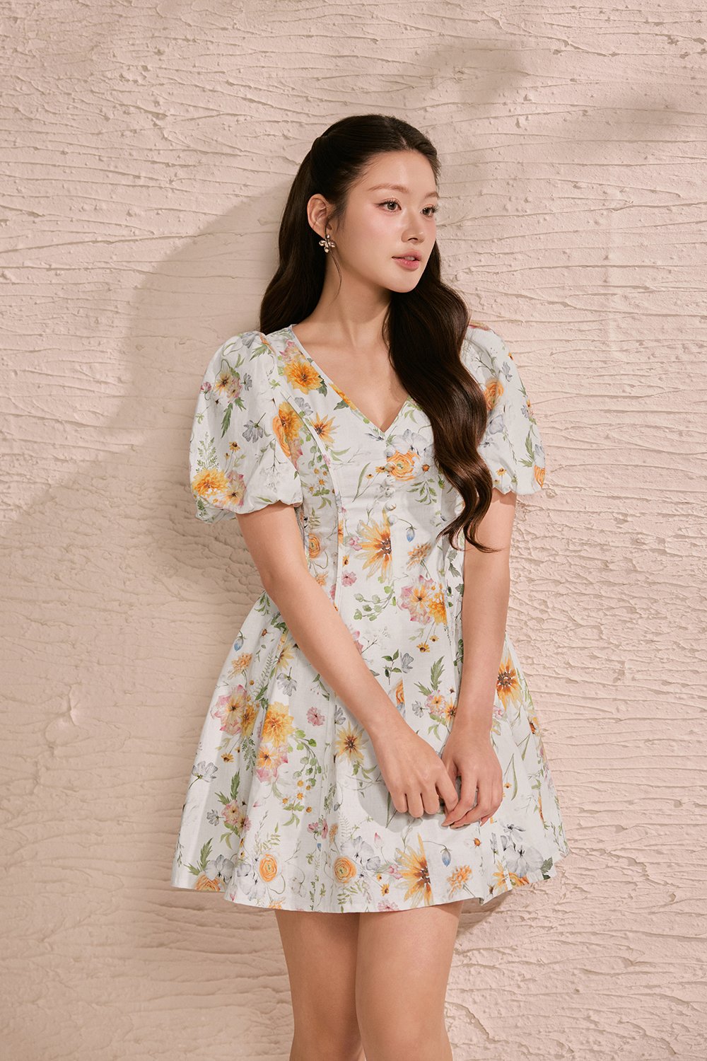 Eldora V-Neckline Puff Sleeves Flare Mini Dress in Sunrise Meadow
