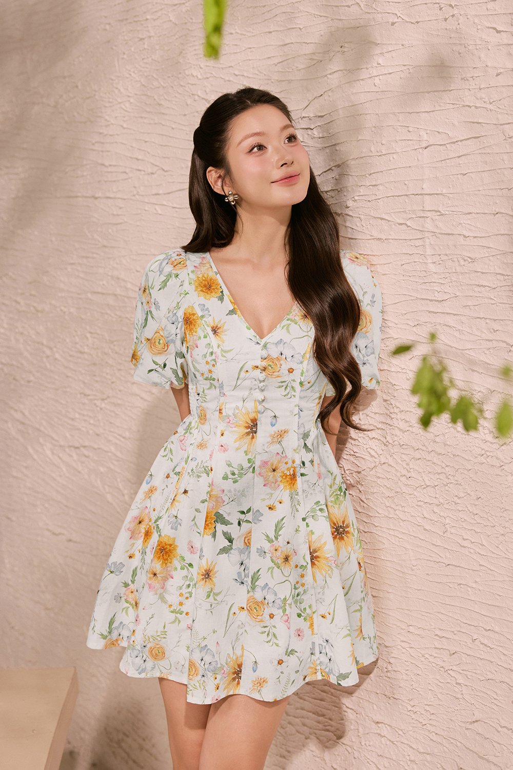 Eldora V-Neckline Puff Sleeves Flare Mini Dress in Sunrise Meadow