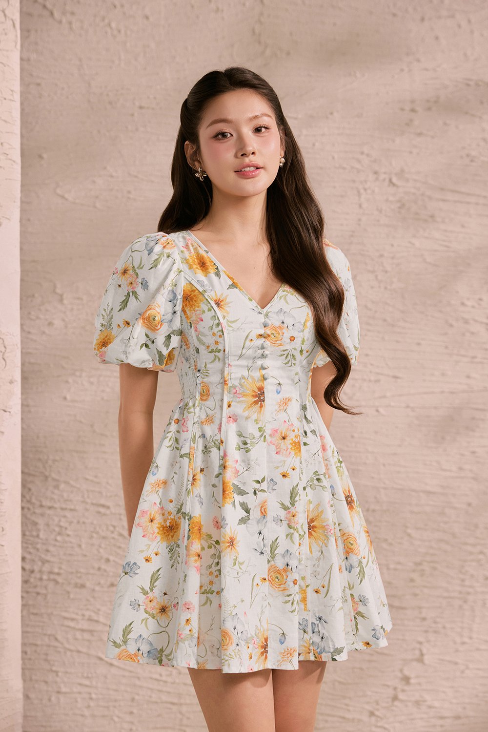 Eldora V-Neckline Puff Sleeves Flare Mini Dress in Sunrise Meadow