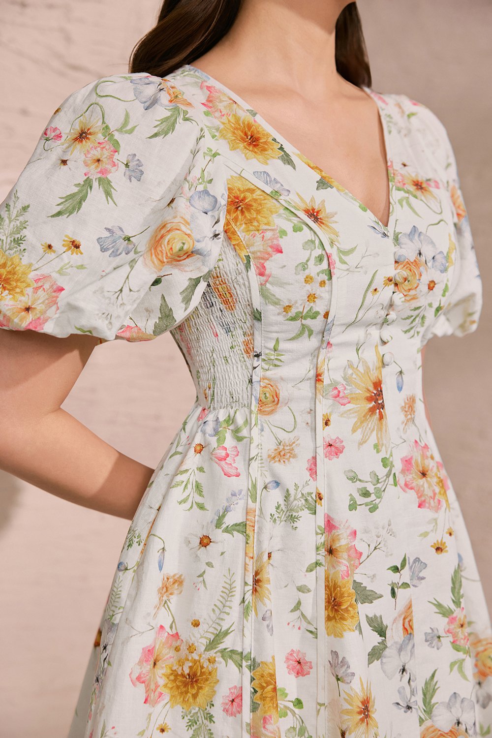 Eldora V-Neckline Puff Sleeves Flare Mini Dress in Sunrise Meadow