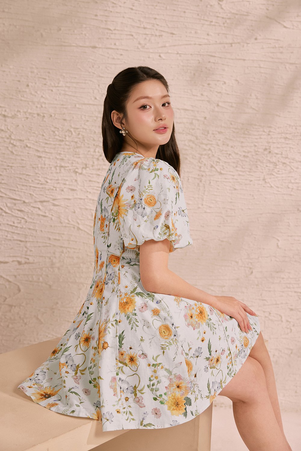 Eldora V-Neckline Puff Sleeves Flare Mini Dress in Sunrise Meadow