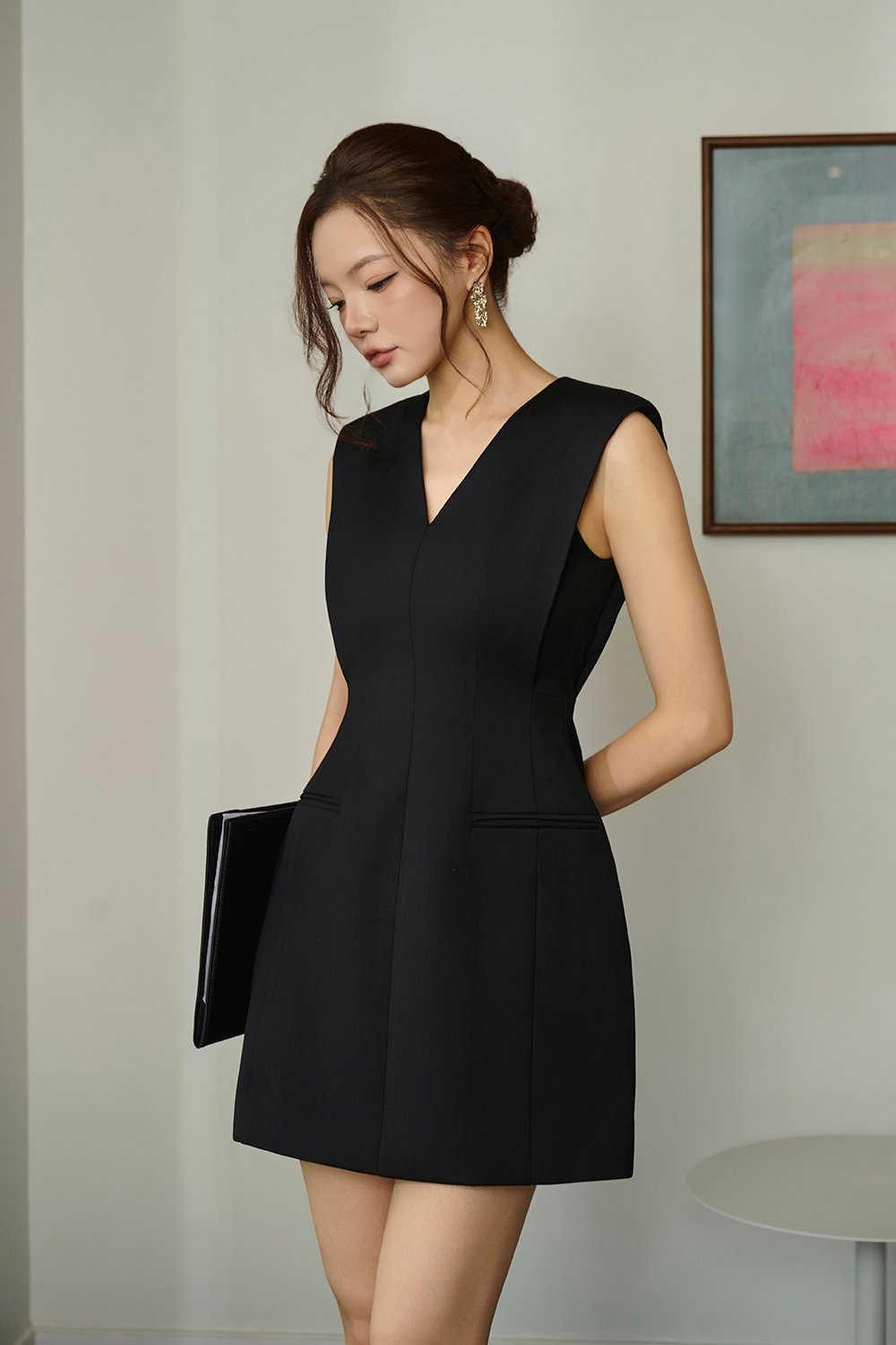 Ellin V-Neck Mini Dress in Classic Black