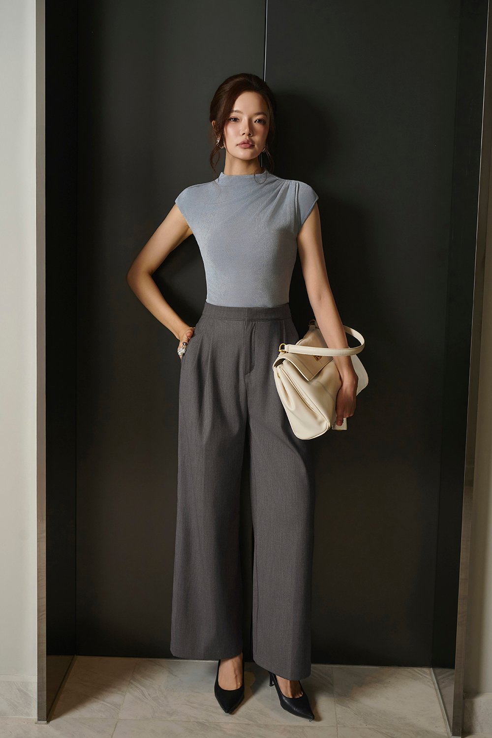 Emory Drape Cap Sleeves Top in Pale Bluish Grey