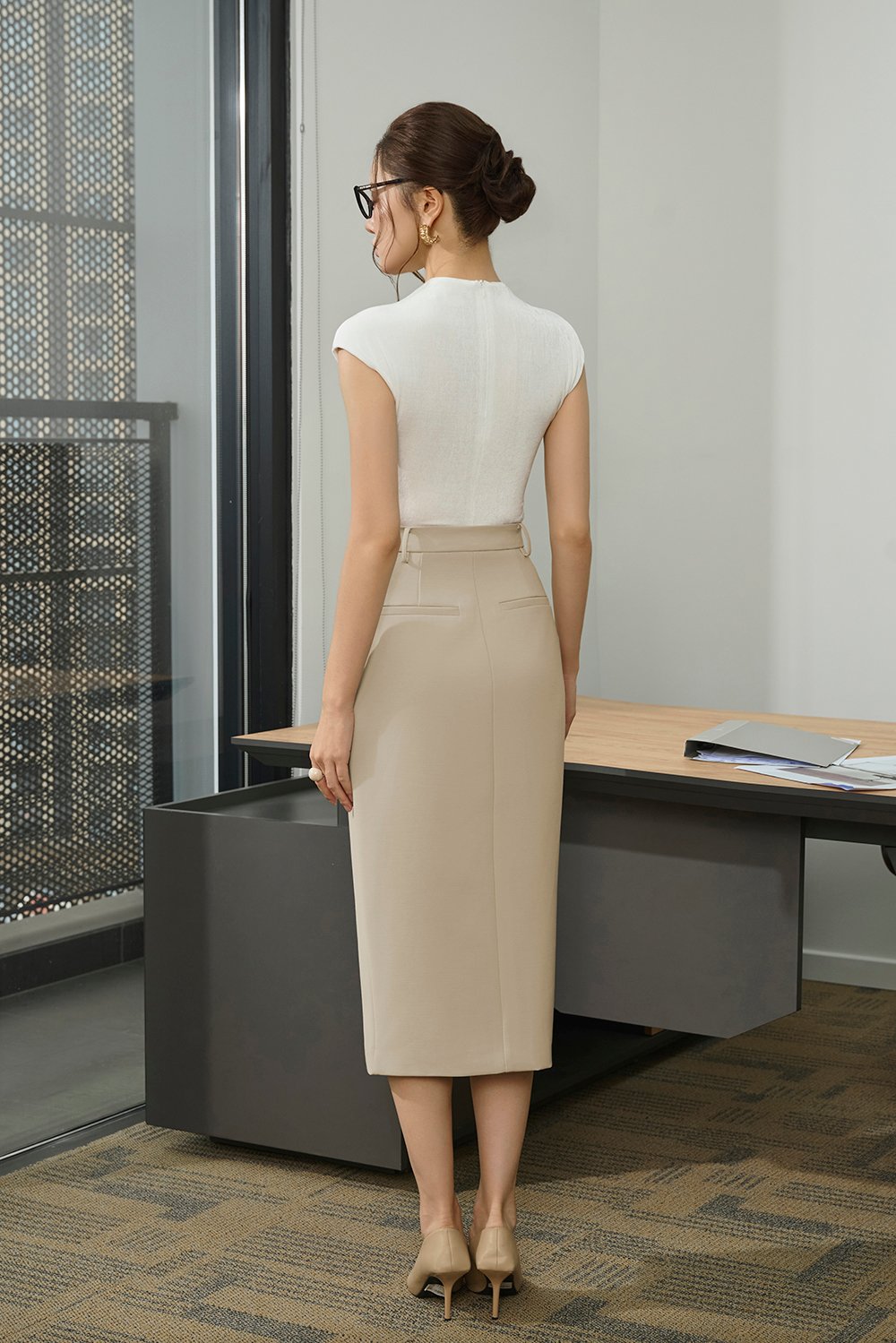 Gertrude High Waist Midi Skirt in Greige